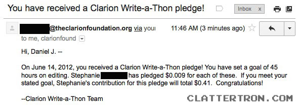 Huzzah! Clarion Write a Thon Pledge